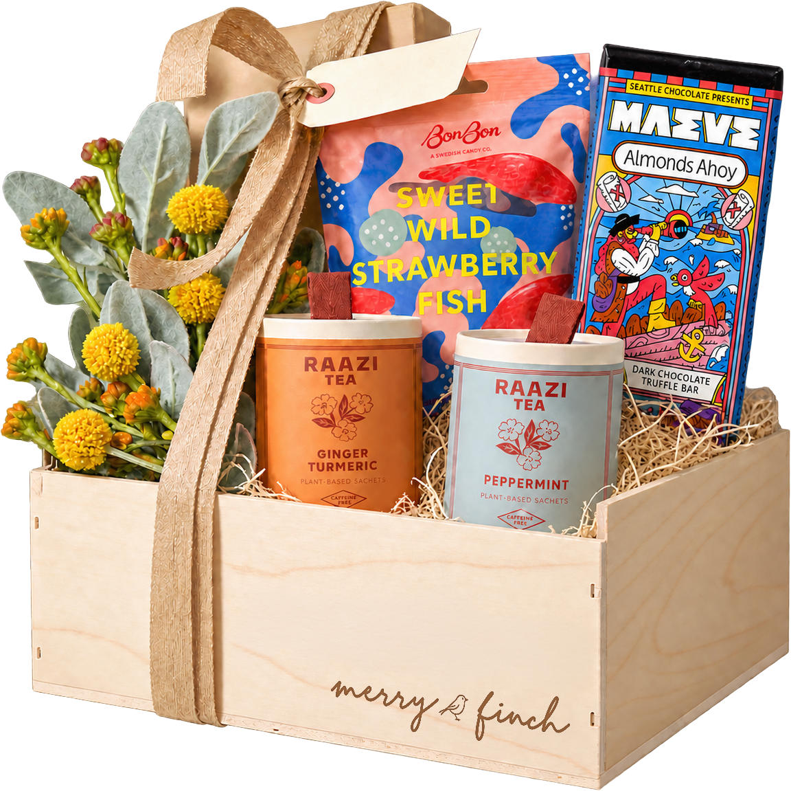 Merry Finch wooden gift crate with an engraved logo, BonBon candy, Maeve chocolate and Raazi tea
